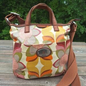 Fossil Key-Per Coated Canvas Tote Crossbody Bag Retro 60s Mod Pop Art Flowers